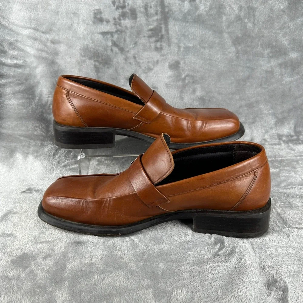 Kenneth Cole New York Mens Leather Loafers Cognac Brown Square Toe Size 11